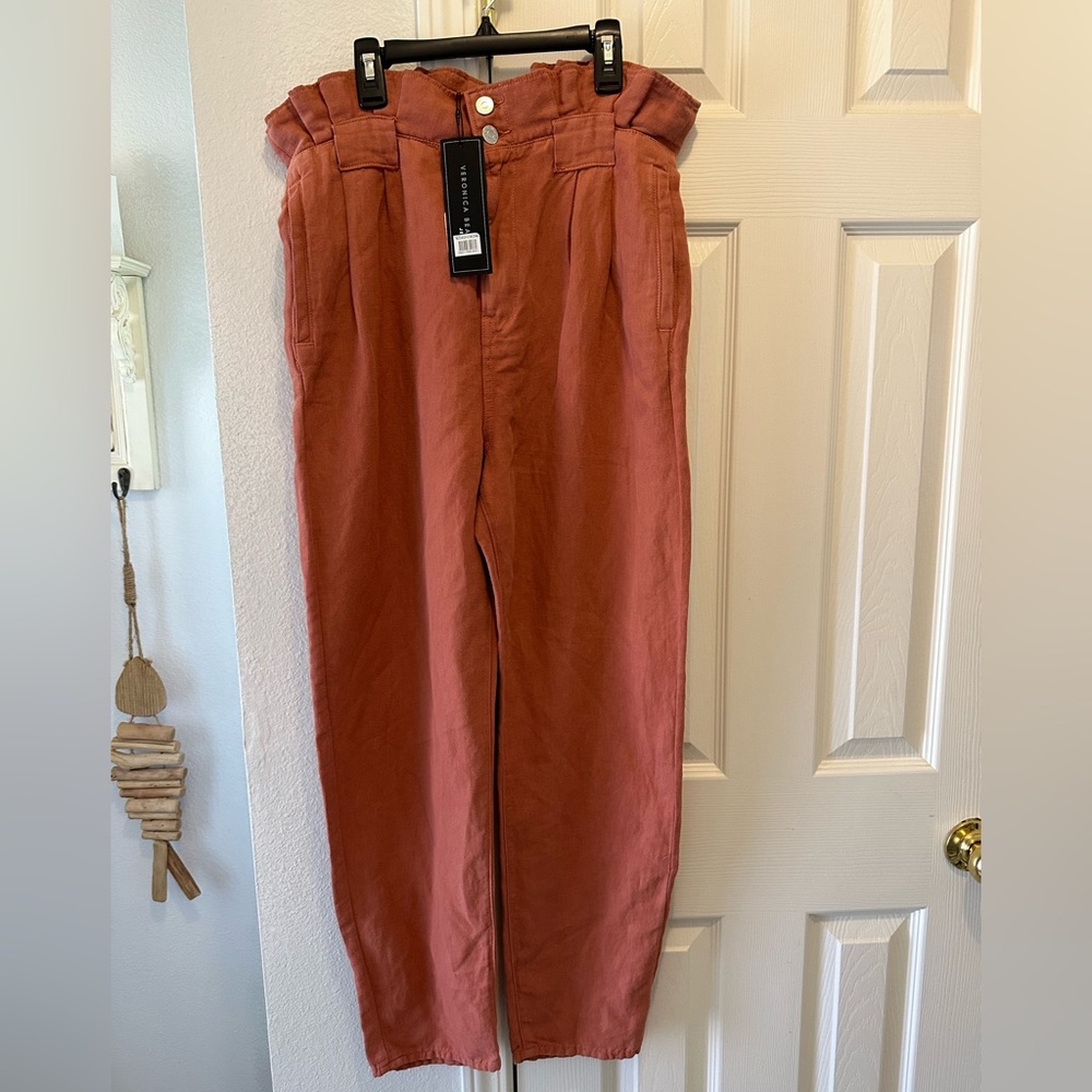 VERONICA BEARD JEANS Mocha Karter Pleated Crop Pants sz 8 Womens Linen Blend